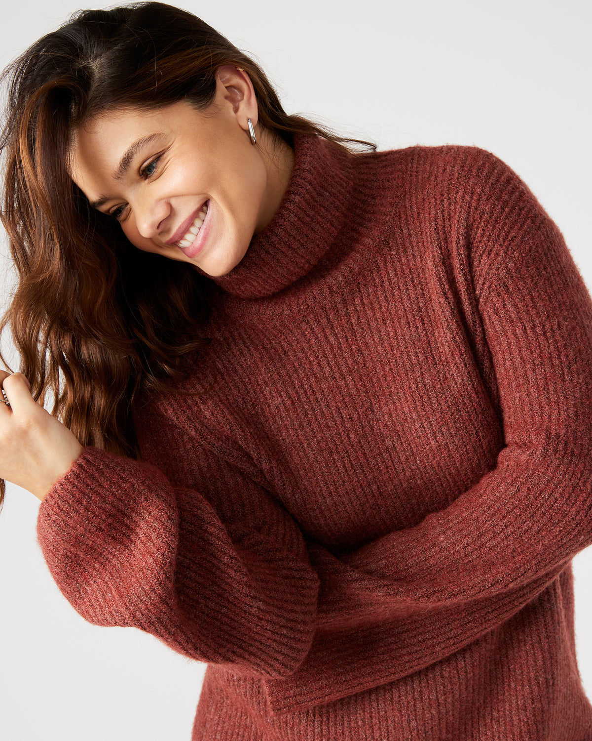 ABBIE Sweater Dress Rust | Mini Turtleneck Flared Sleeve Dress - Steve Madden