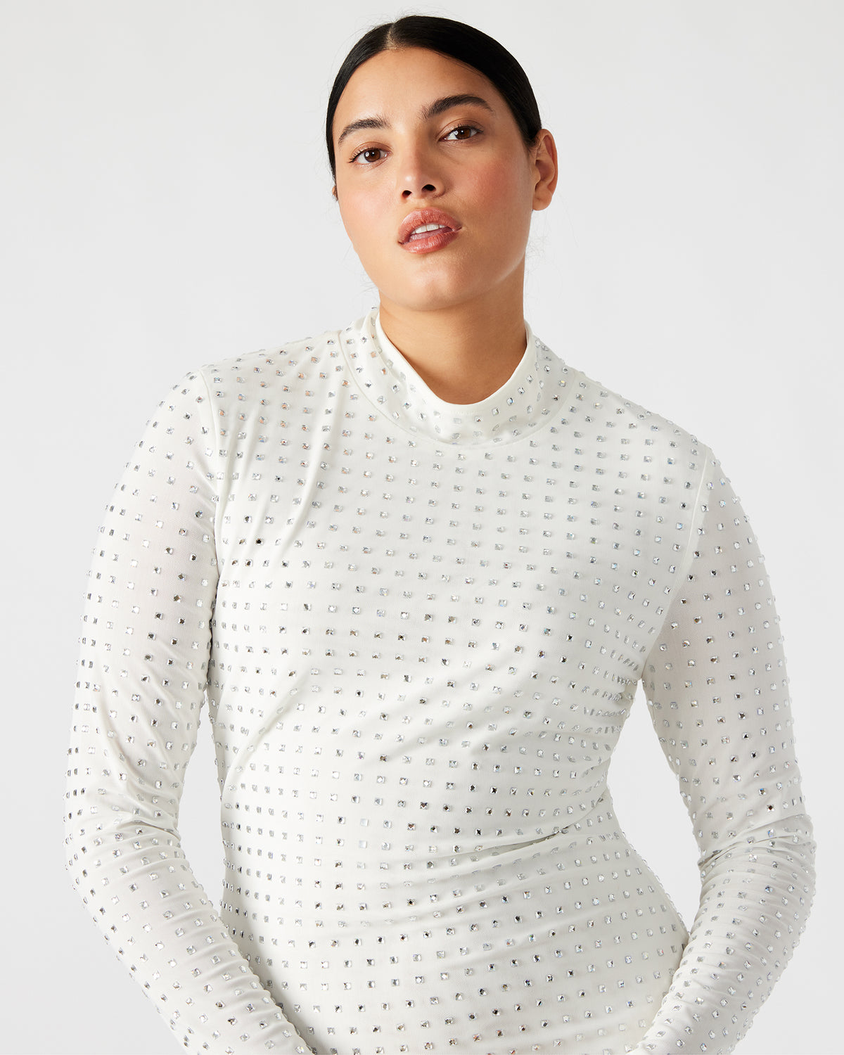 KRISTA Dress White | Women's Long-Sleeved Bodycon Rhinestone Mini Dress - Steve Madden