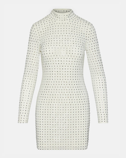 KRISTA Dress White | Women's Long-Sleeved Bodycon Rhinestone Mini Dress - Steve Madden