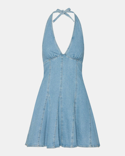 MALIA Denim Women's Halter Back Neck Tie Mini Dress - Steve Madden