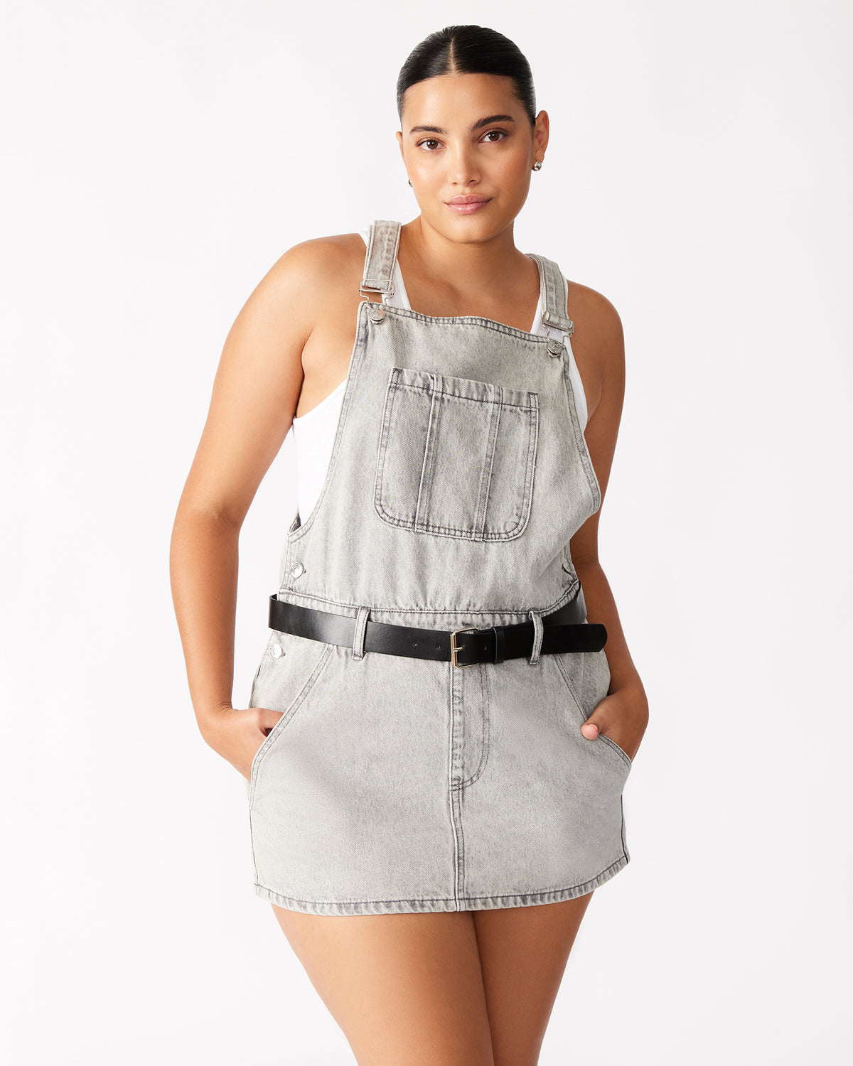 TAMIA Dress Light Grey | Women's Overall Denim Mini Dress - Steve Madden
