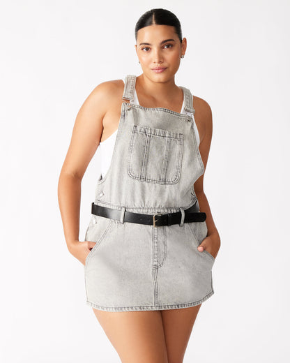 TAMIA Dress Light Grey | Women's Overall Denim Mini Dress - Steve Madden