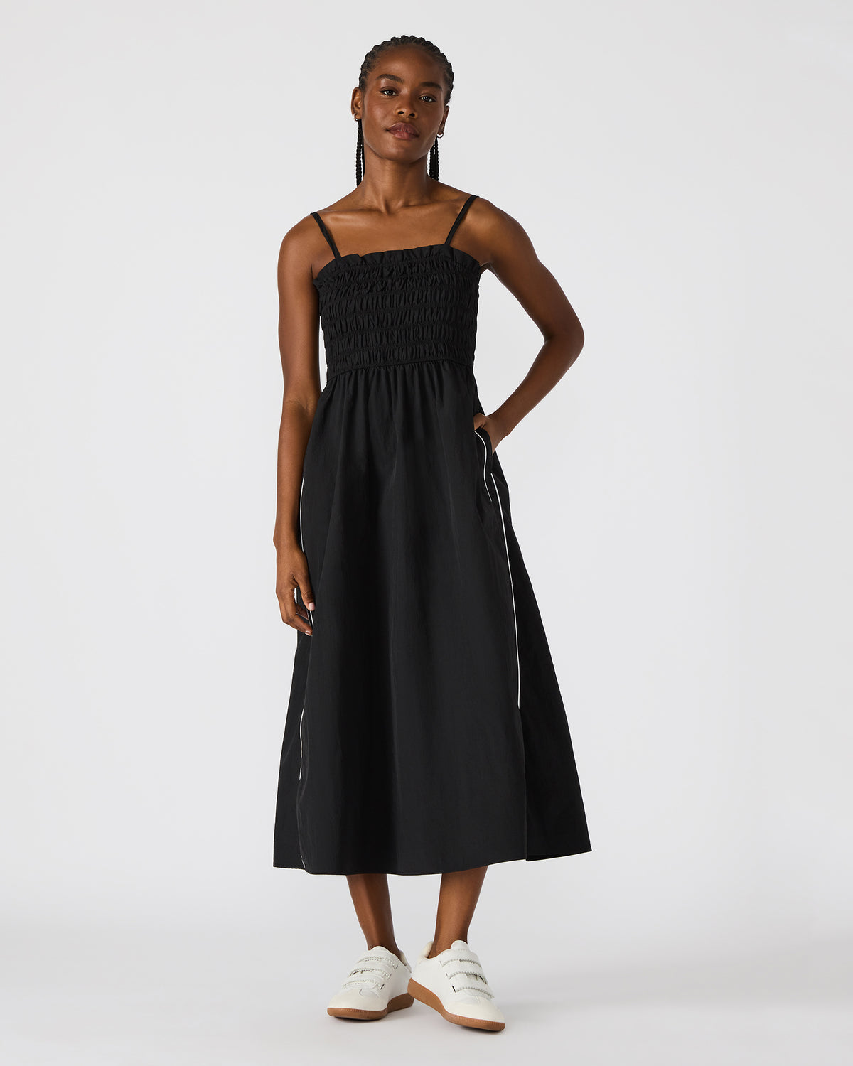 KIT Dress Black/White Flowy Smocked Striped Maxi Dress - Steve Madden
