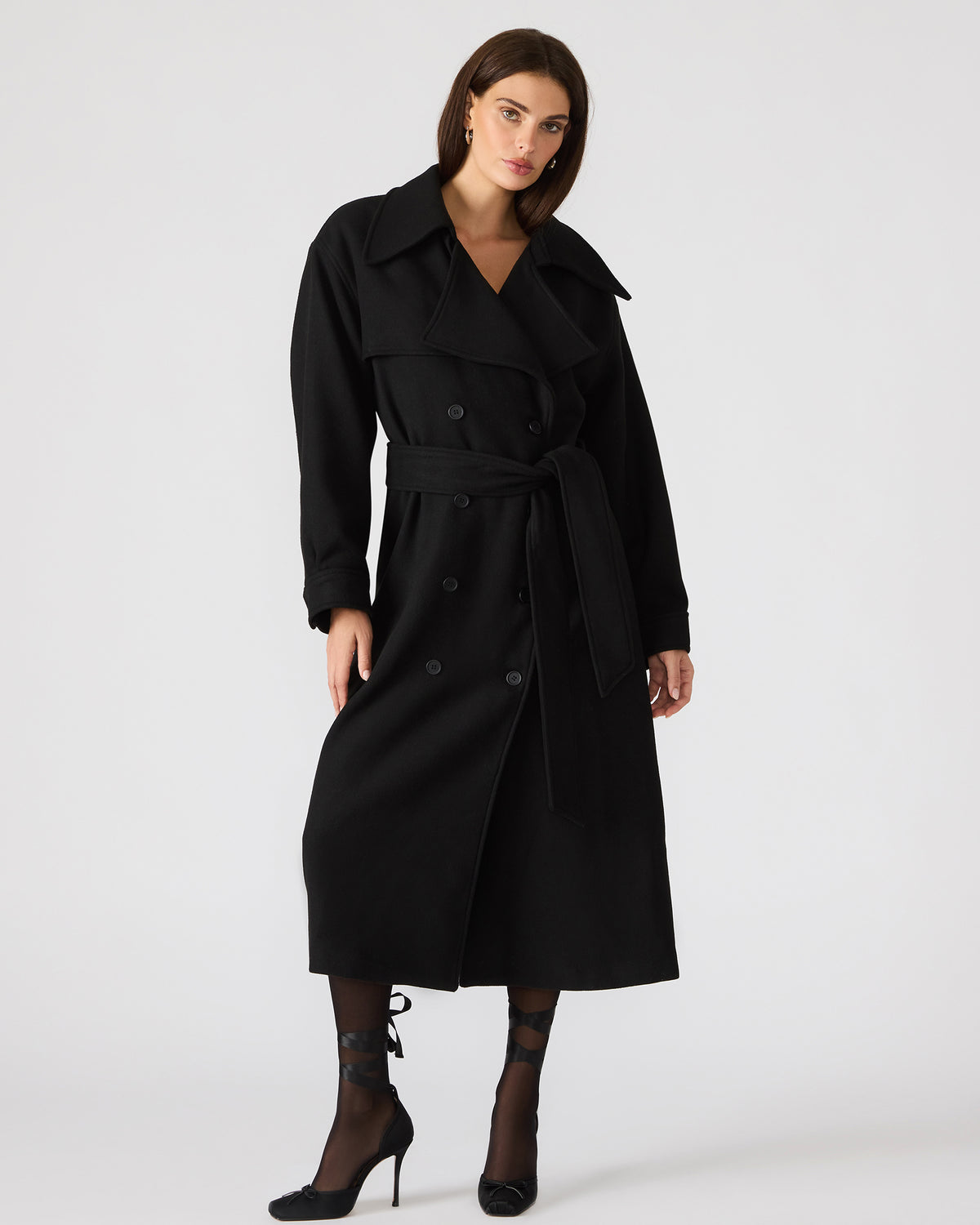 ENORA Black Long-Sleeved Button-Up Collared Women's Trench Coat - Steve Madden