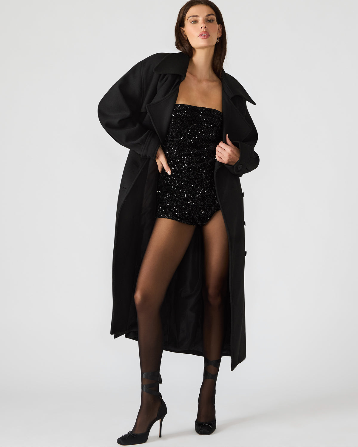 ENORA Black Long-Sleeved Button-Up Collared Women's Trench Coat - Steve Madden