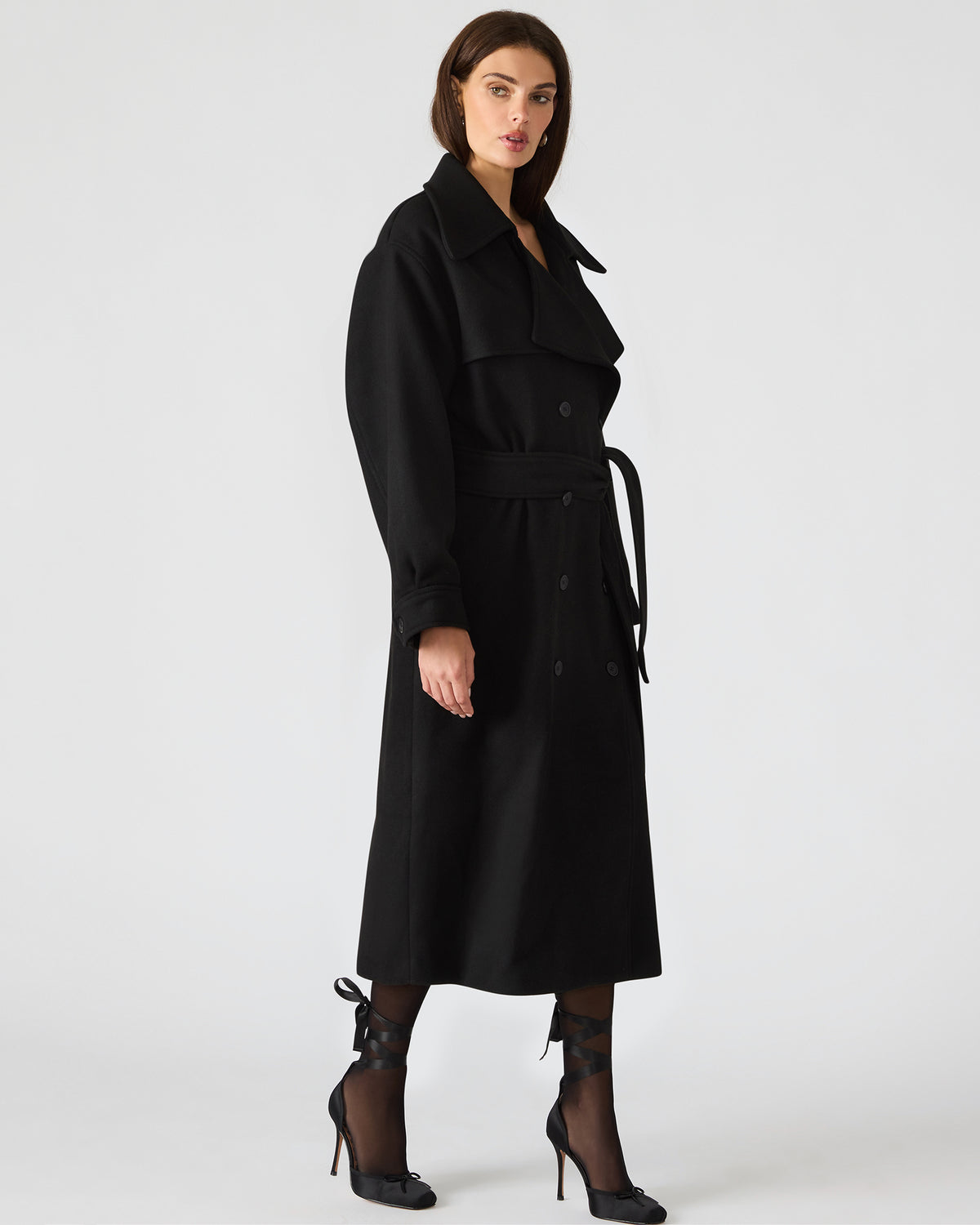 ENORA Black Long-Sleeved Button-Up Collared Women's Trench Coat - Steve Madden