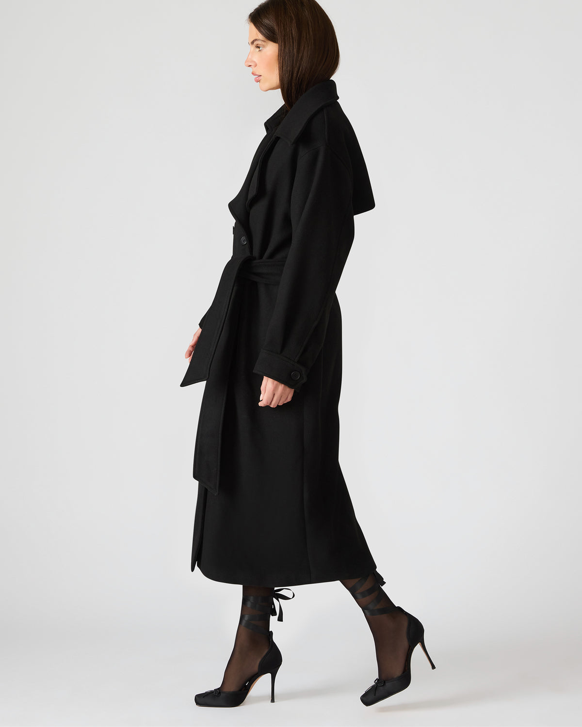 ENORA Black Long-Sleeved Button-Up Collared Women's Trench Coat - Steve Madden