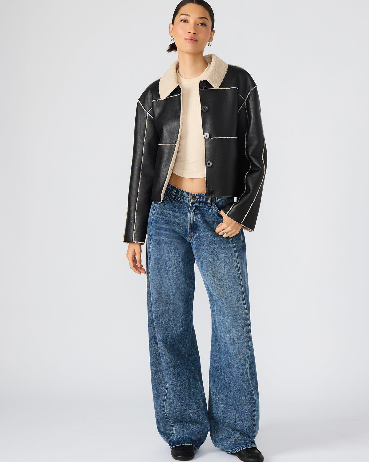 TILIA Black Long-Sleeved Faux Leather Button-Up Faux Fur Women's Coat - Steve Madden
