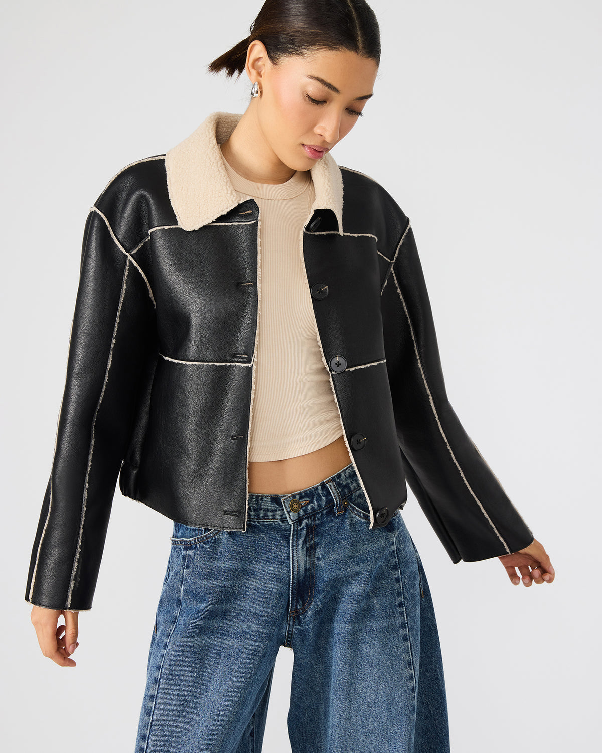 TILIA Black Long-Sleeved Faux Leather Button-Up Faux Fur Women's Coat - Steve Madden