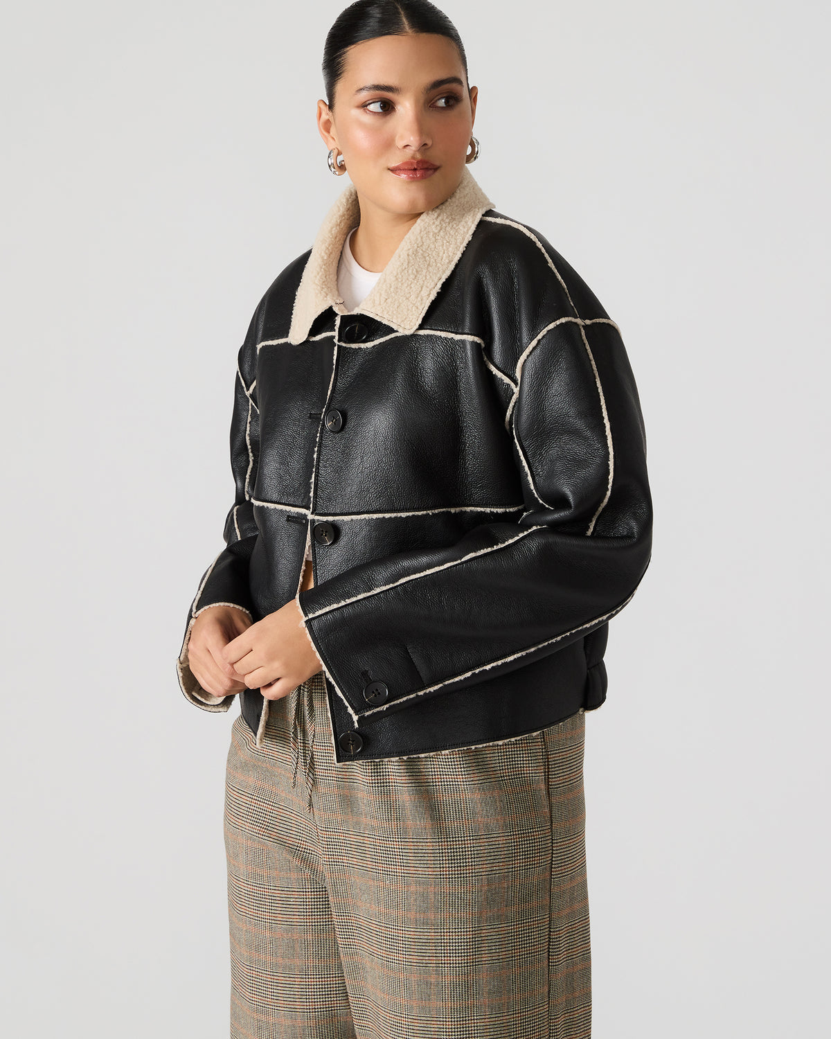 TILIA Black Long-Sleeved Faux Leather Button-Up Faux Fur Women's Coat - Steve Madden