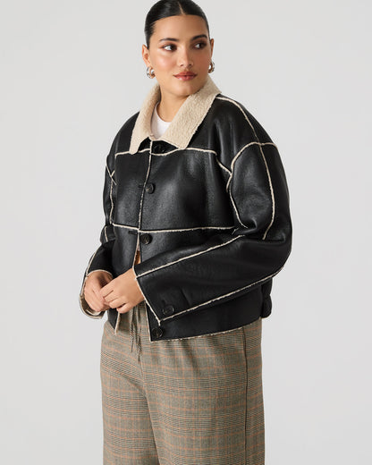 TILIA Black Long-Sleeved Faux Leather Button-Up Faux Fur Women's Coat - Steve Madden