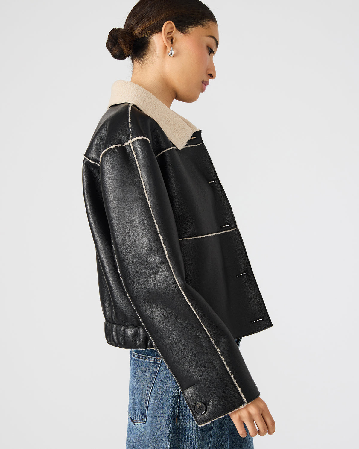 TILIA Black Long-Sleeved Faux Leather Button-Up Faux Fur Women's Coat - Steve Madden