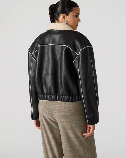 TILIA Black Long-Sleeved Faux Leather Button-Up Faux Fur Women's Coat - Steve Madden