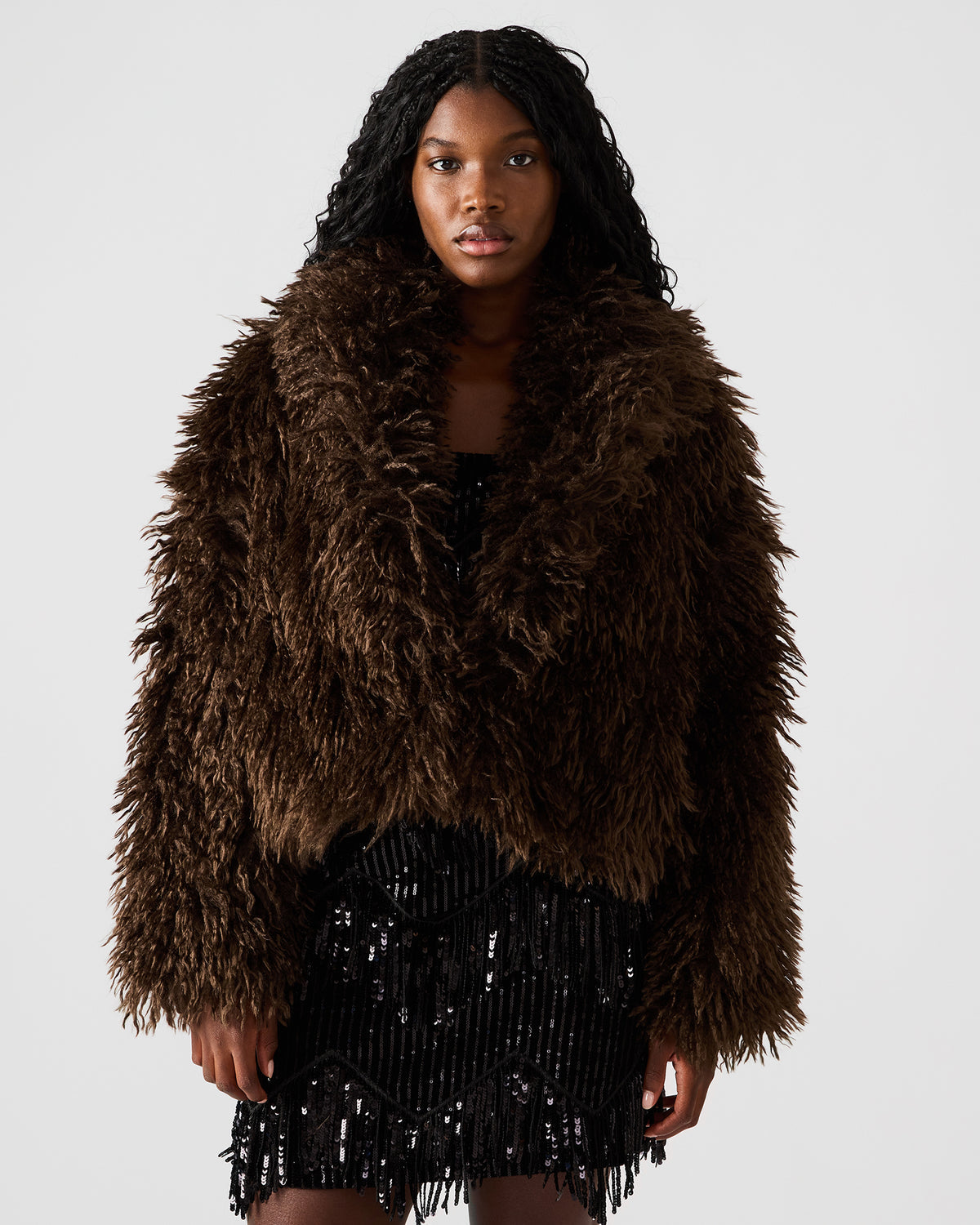 INAYA Dark Espresso Long-Sleeved Faux Fur Shaggy Women's Coat - Steve Madden