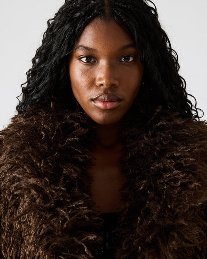 INAYA Dark Espresso Long-Sleeved Faux Fur Shaggy Women's Coat - Steve Madden