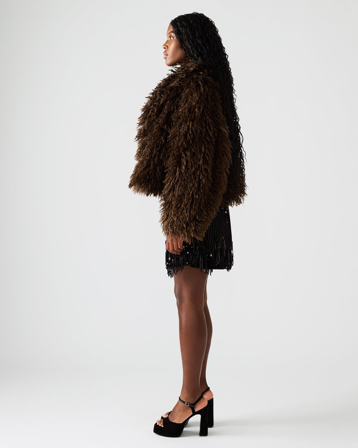 INAYA Dark Espresso Long-Sleeved Faux Fur Shaggy Women's Coat - Steve Madden