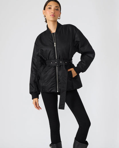 ERYN Black Long-Sleeved Puffer Belted Zip-Up Women's Jacket - Steve Madden