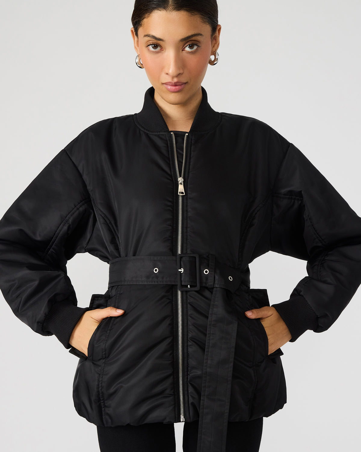 ERYN Black Long-Sleeved Puffer Belted Zip-Up Women's Jacket - Steve Madden