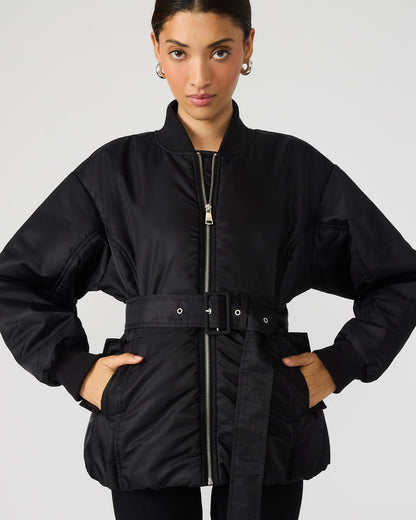 ERYN Black Long-Sleeved Puffer Belted Zip-Up Women's Jacket - Steve Madden