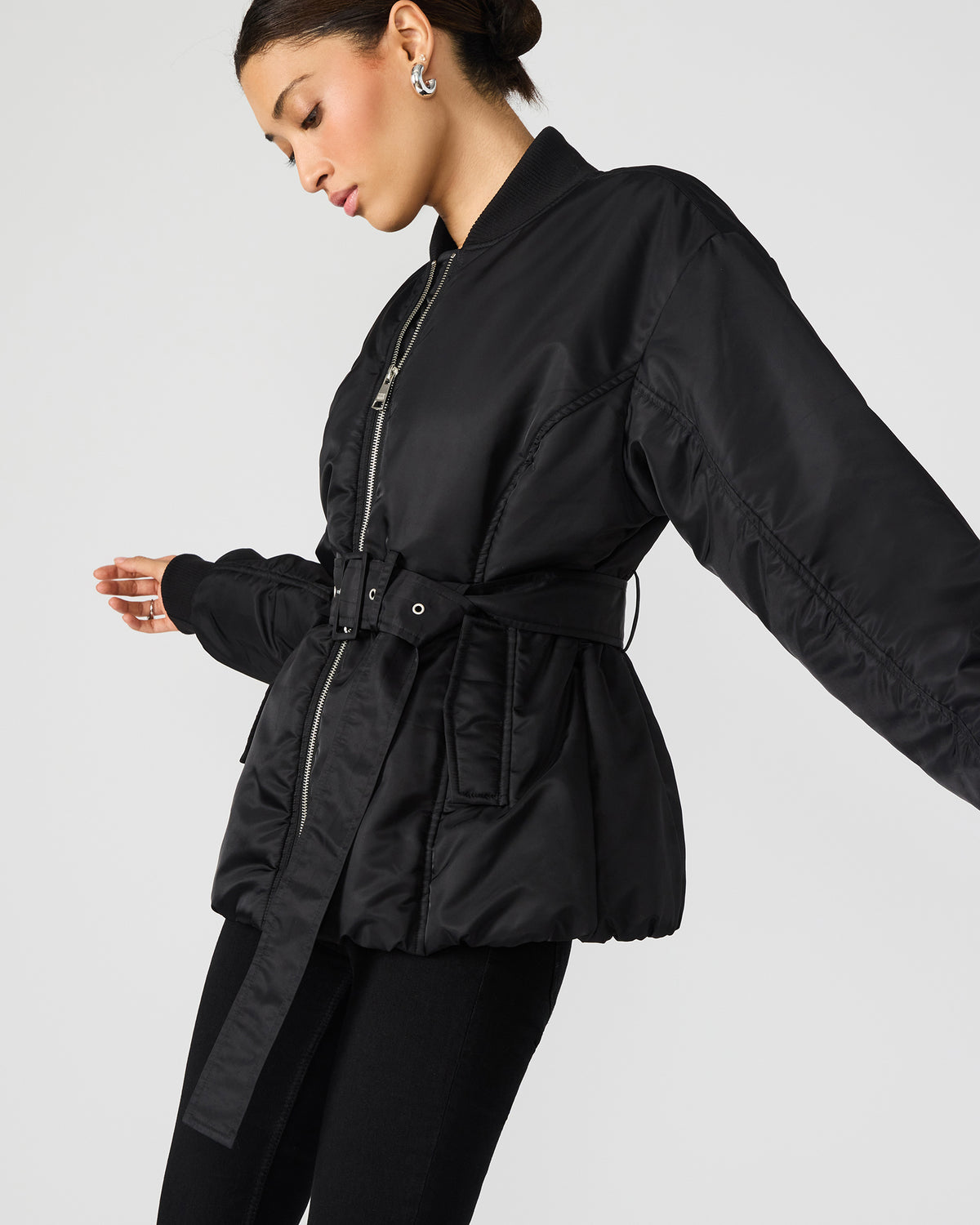 ERYN Black Long-Sleeved Puffer Belted Zip-Up Women's Jacket - Steve Madden