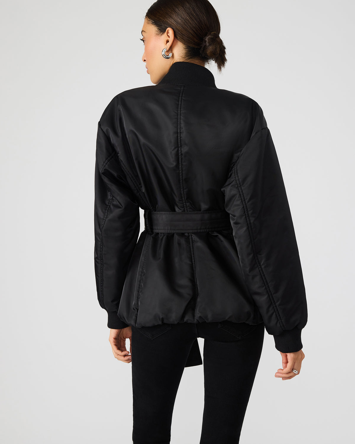 ERYN Black Long-Sleeved Puffer Belted Zip-Up Women's Jacket - Steve Madden