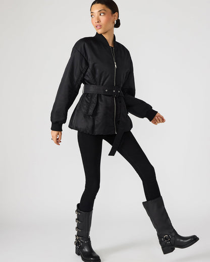 ERYN Black Long-Sleeved Puffer Belted Zip-Up Women's Jacket - Steve Madden