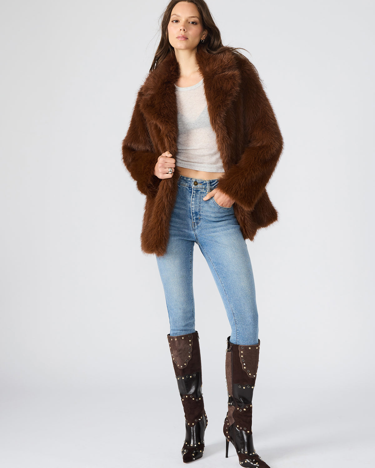 KINDRA Brown Faux Fur Collared Women's Coat - Steve Madden