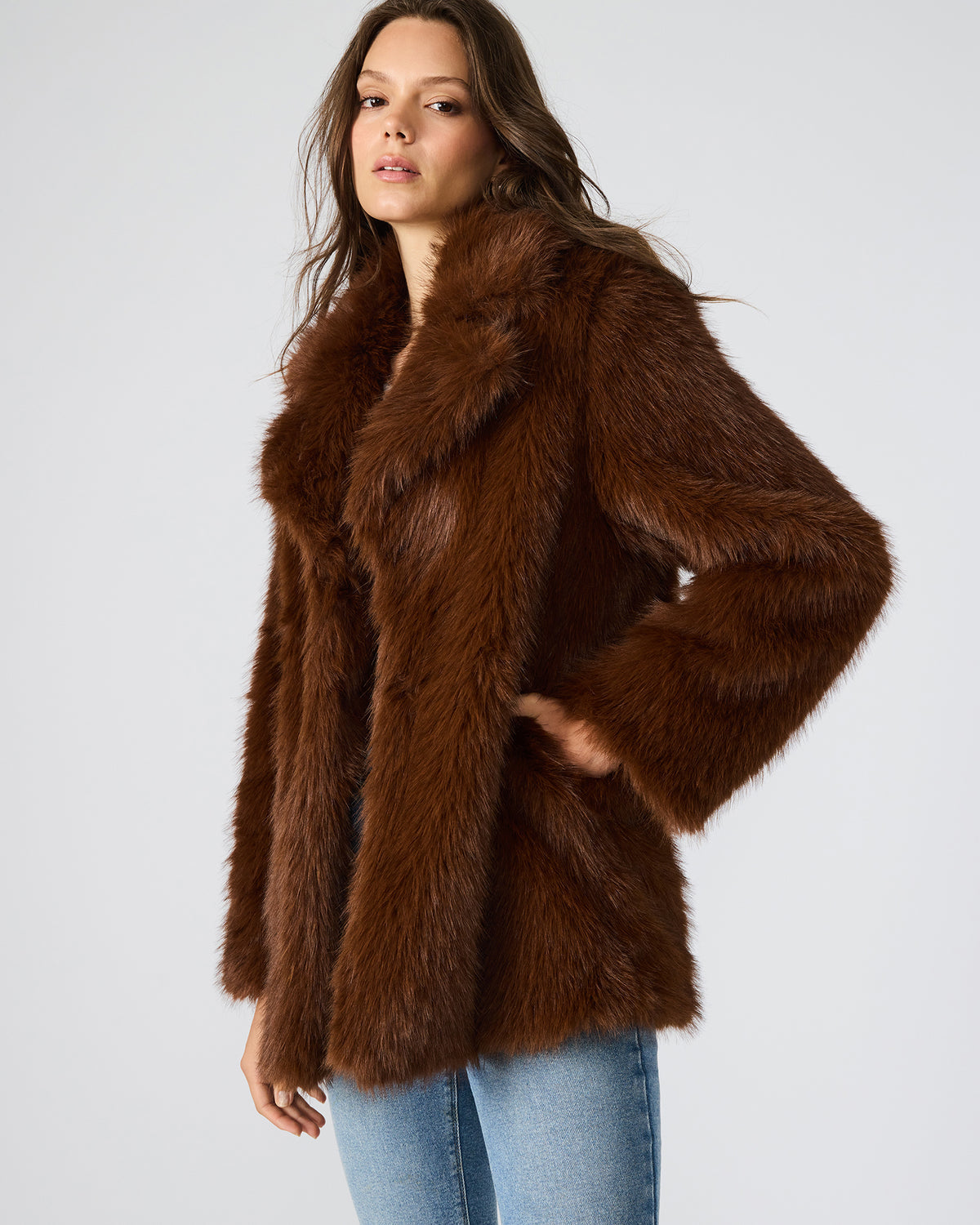KINDRA Brown Faux Fur Collared Women's Coat - Steve Madden