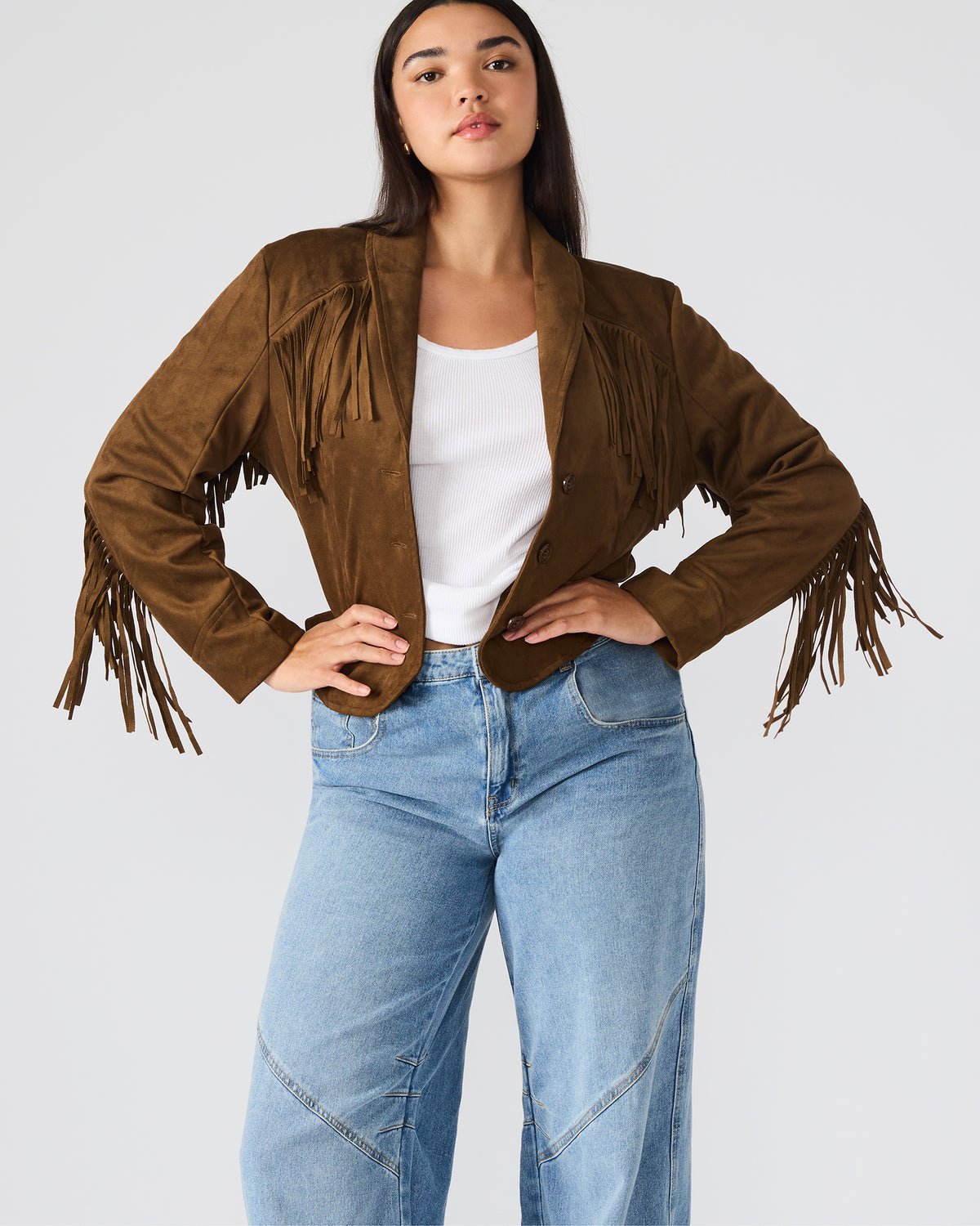 DALLAS Chestnut Long-Sleeved Button-Up Fringe Women's Jacket - Steve Madden