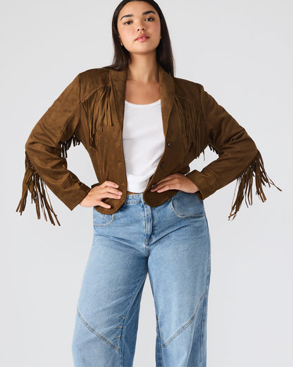 DALLAS Chestnut Long-Sleeved Button-Up Fringe Women's Jacket - Steve Madden