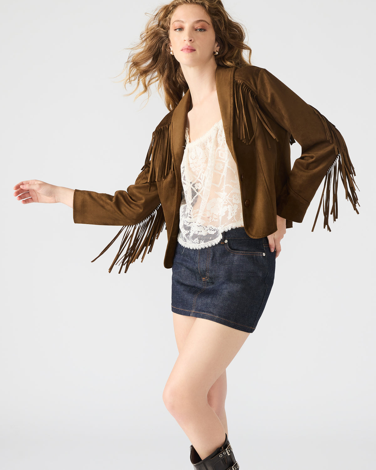DALLAS Chestnut Long-Sleeved Button-Up Fringe Women's Jacket - Steve Madden