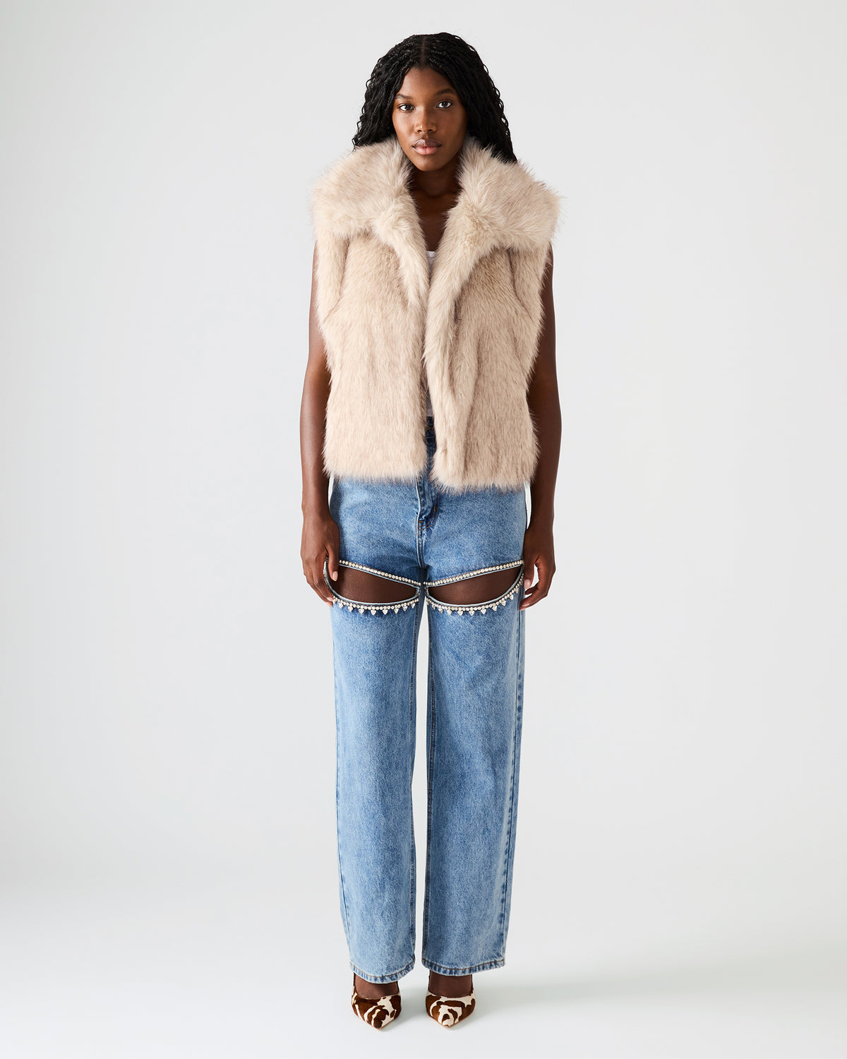 SAFIRA Natural Faux Fur Sleeveless Collared Women's Vest - Steve Madden