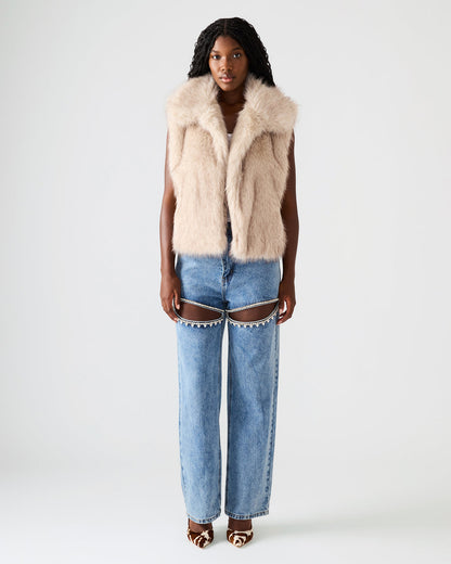 SAFIRA Natural Faux Fur Sleeveless Collared Women's Vest - Steve Madden