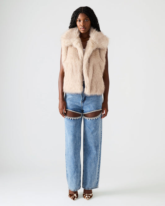 SAFIRA Natural Faux Fur Sleeveless Collared Women's Vest - Steve Madden