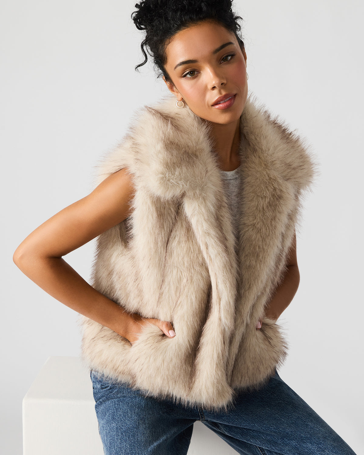SAFIRA Natural Faux Fur Sleeveless Collared Women's Vest - Steve Madden