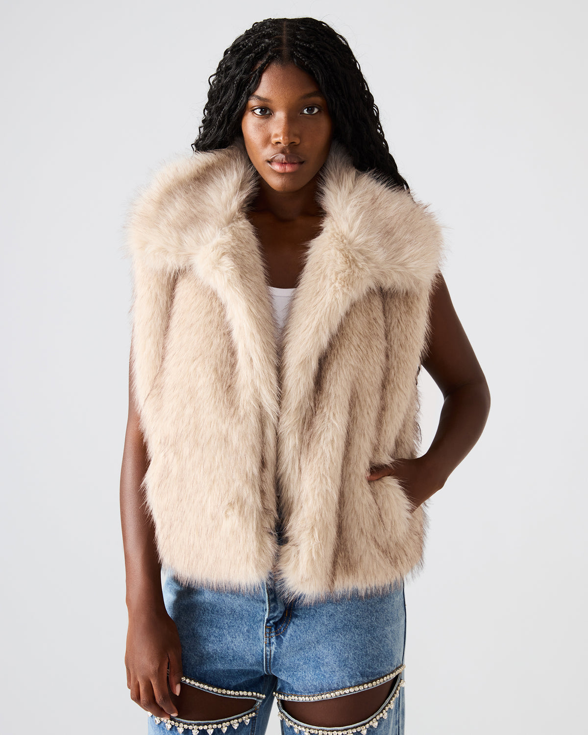 SAFIRA Natural Faux Fur Sleeveless Collared Women's Vest - Steve Madden
