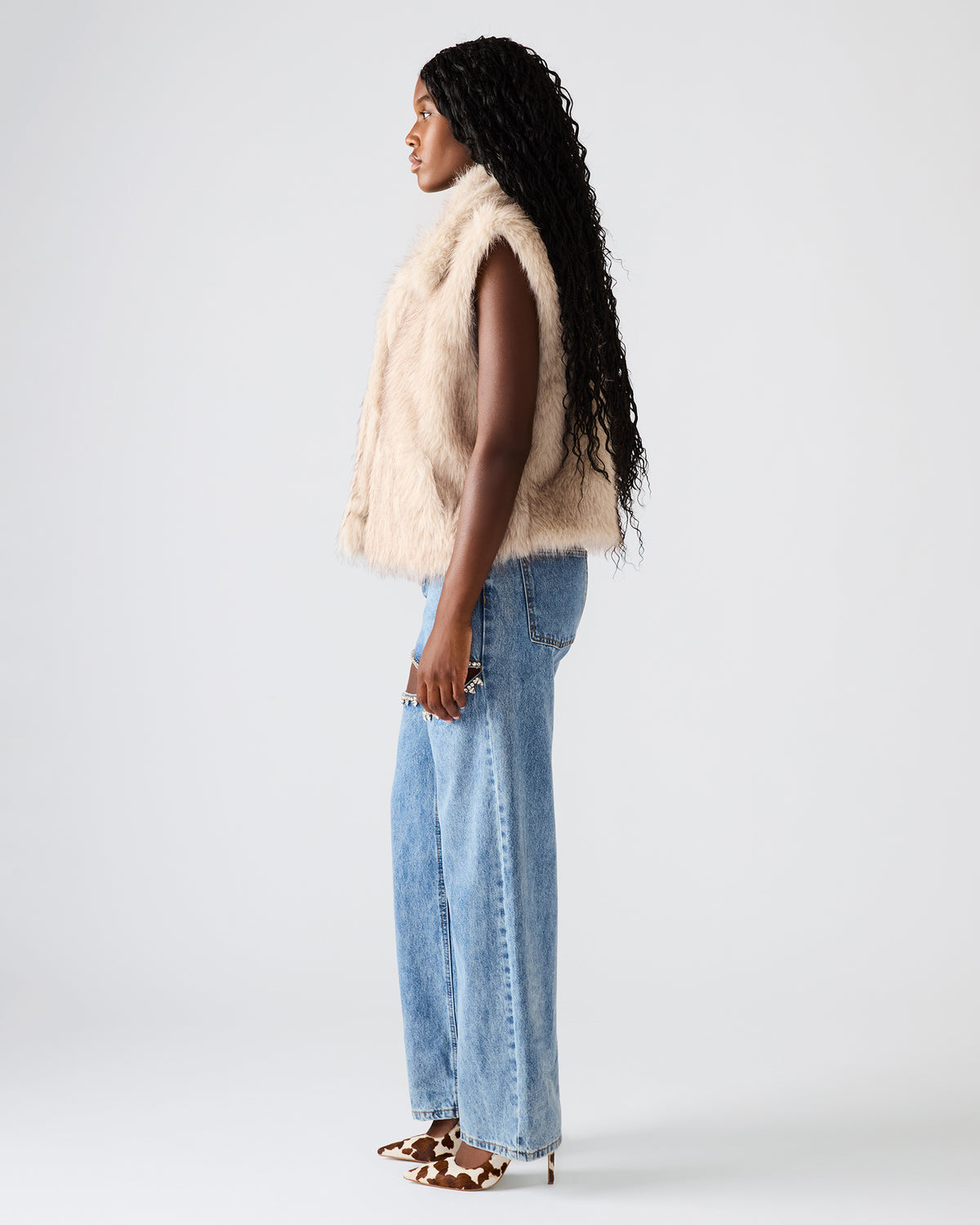 SAFIRA Natural Faux Fur Sleeveless Collared Women's Vest - Steve Madden