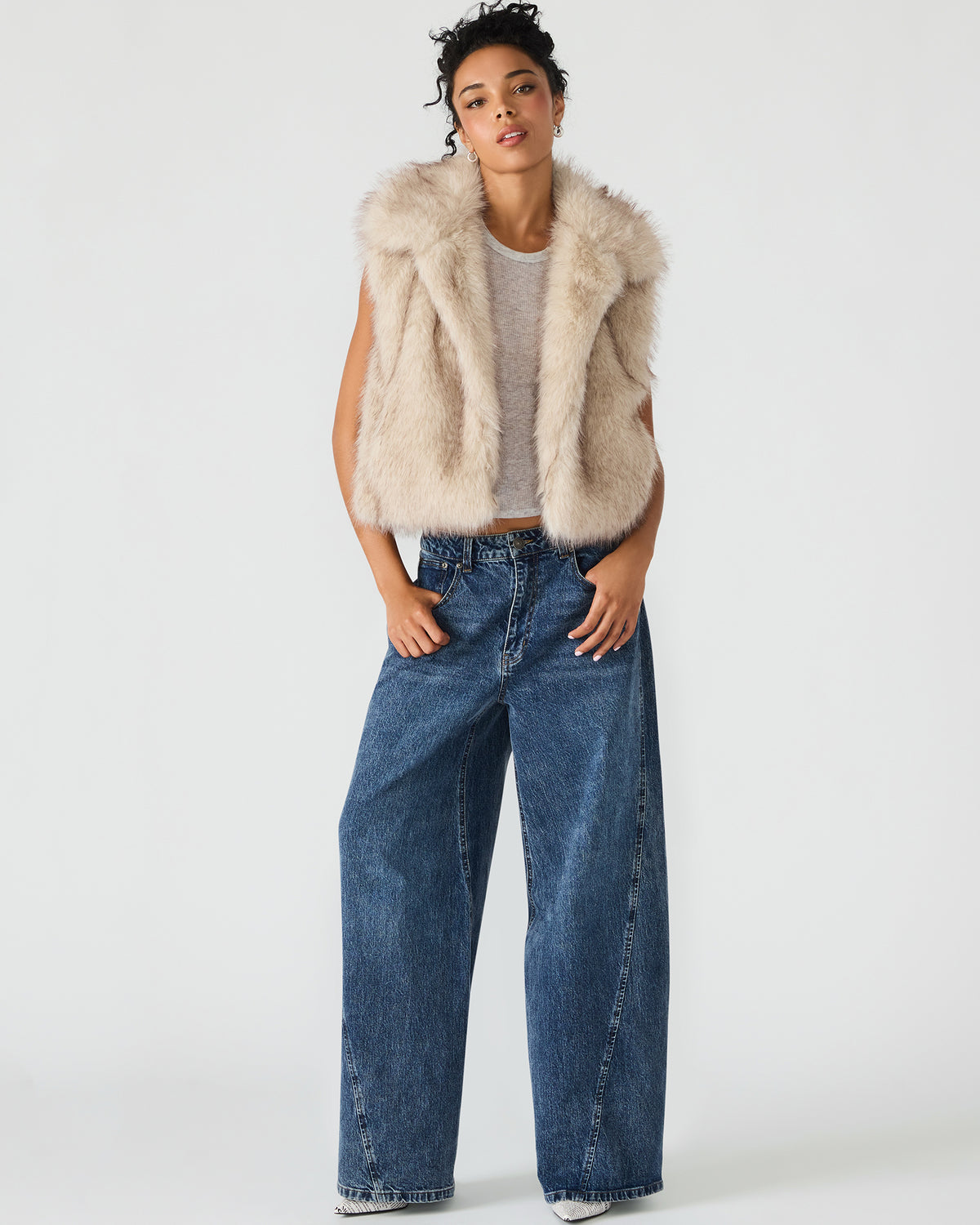 SAFIRA Natural Faux Fur Sleeveless Collared Women's Vest - Steve Madden