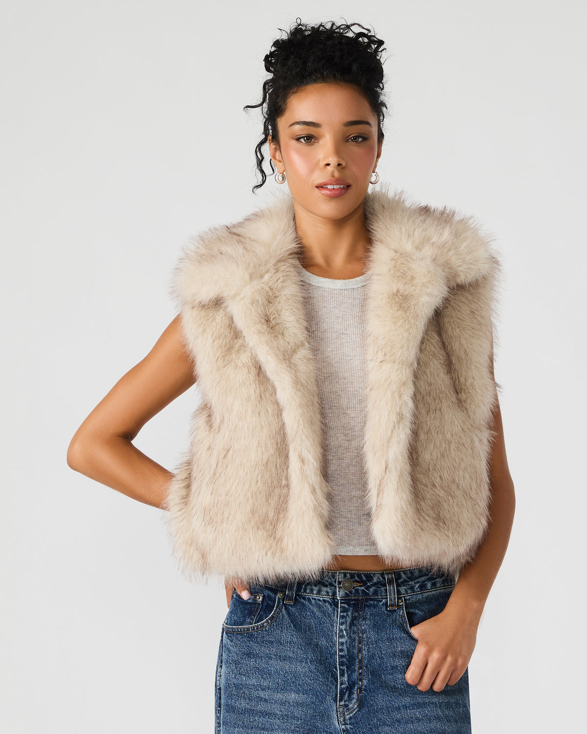 SAFIRA Natural Faux Fur Sleeveless Collared Women's Vest - Steve Madden