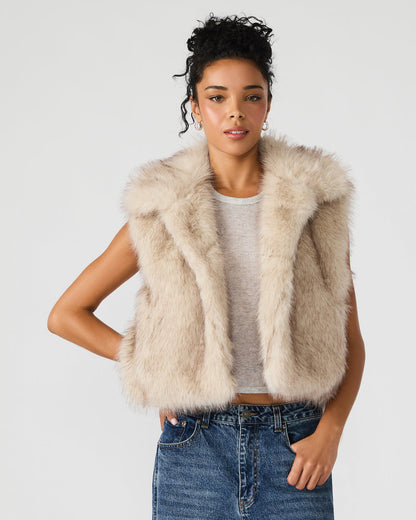 SAFIRA Natural Faux Fur Sleeveless Collared Women's Vest - Steve Madden