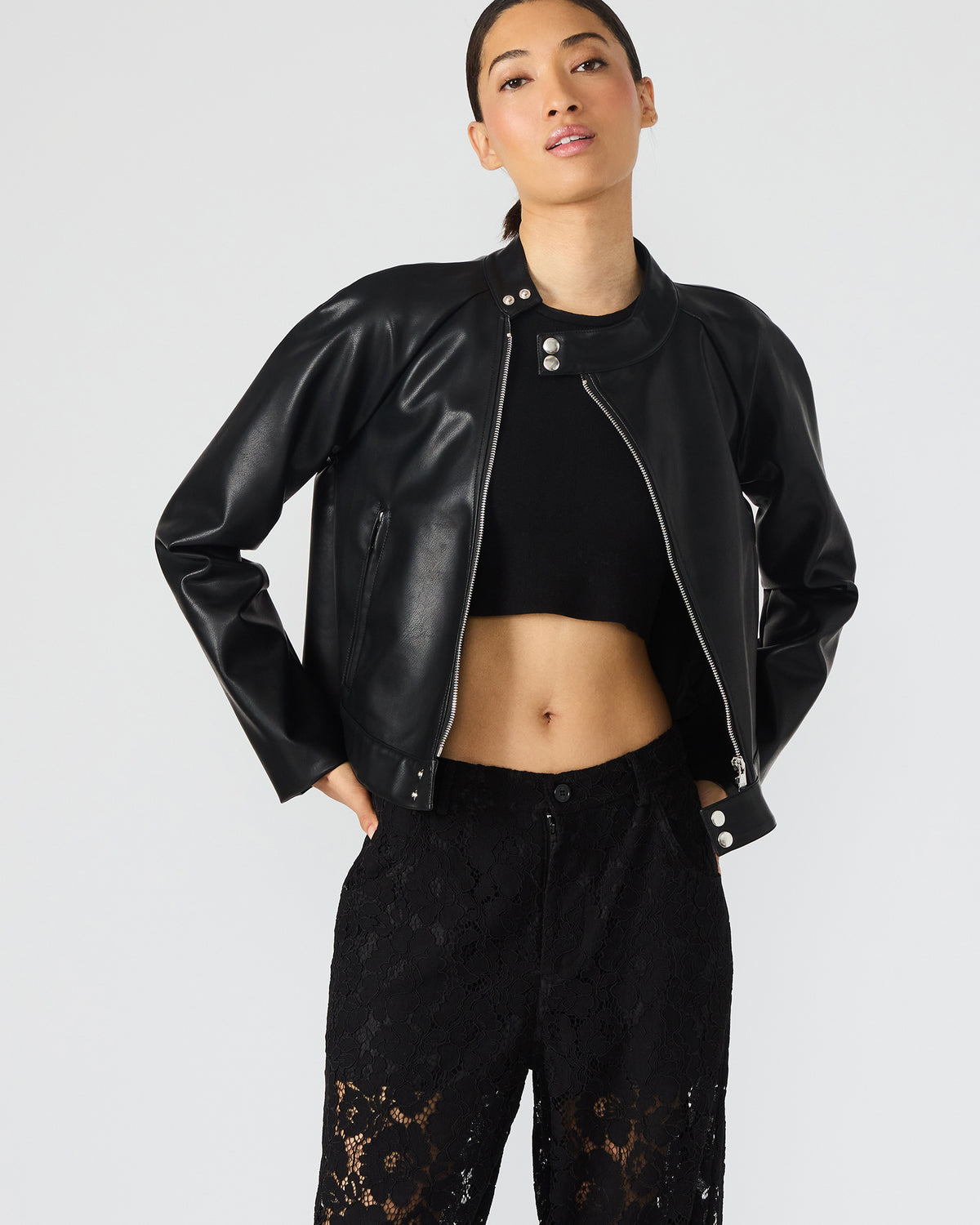 JETT Black Long-Sleeved Faux Leather Zip-Up Women's Jacket - Steve Madden