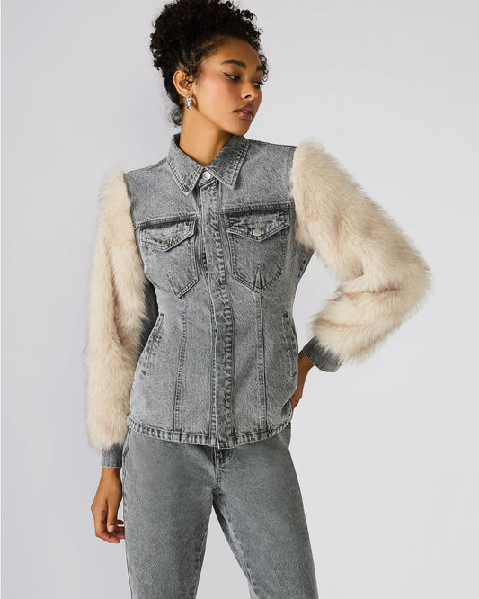 PARKER Fog Faux Fur Long-Sleeved Button-Up Denim Women's Jacket - Steve Madden