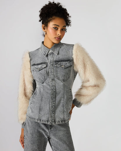 PARKER Fog Faux Fur Long-Sleeved Button-Up Denim Women's Jacket - Steve Madden