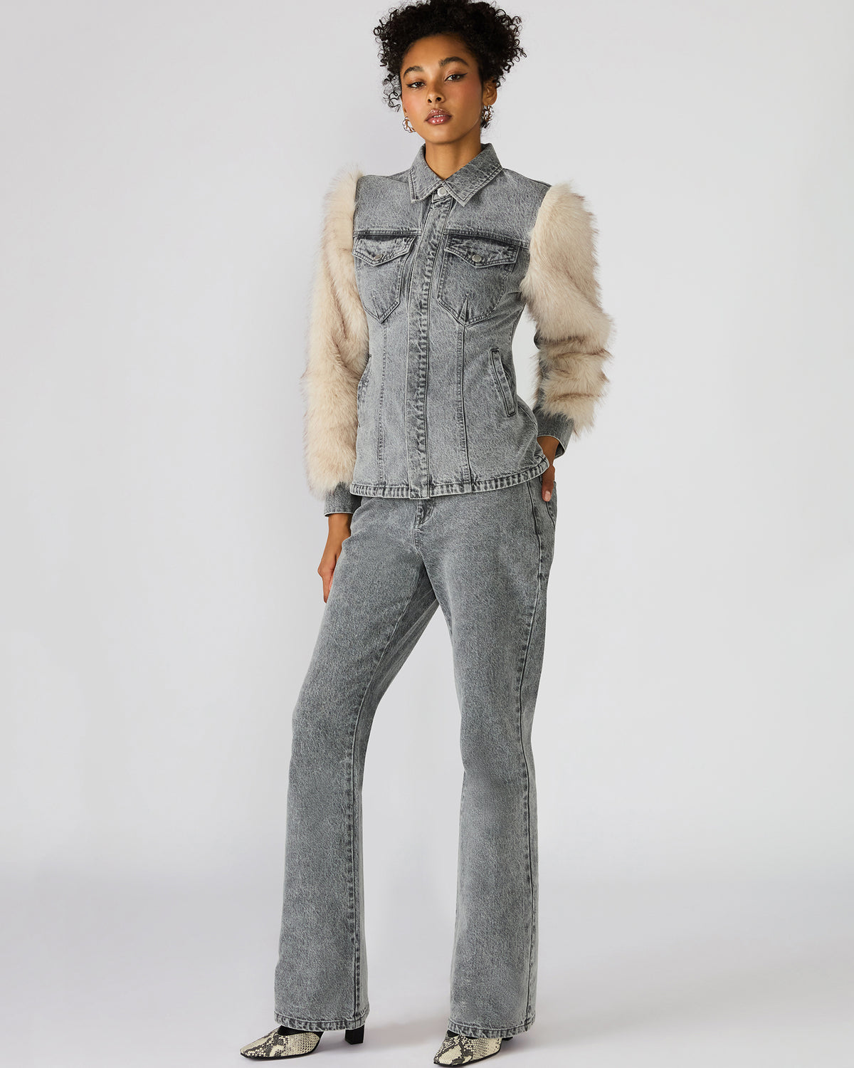 PARKER Fog Faux Fur Long-Sleeved Button-Up Denim Women's Jacket - Steve Madden