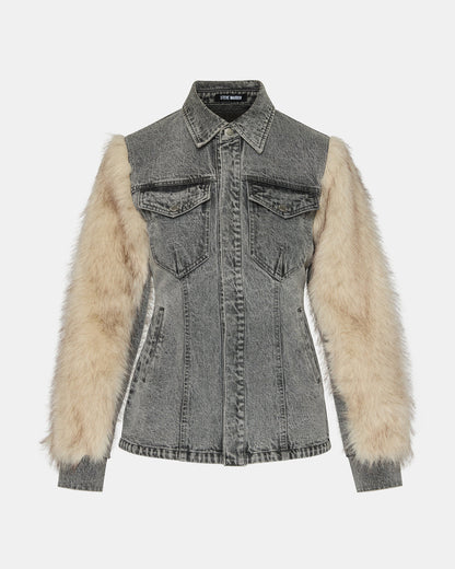 PARKER Fog Faux Fur Long-Sleeved Button-Up Denim Women's Jacket - Steve Madden