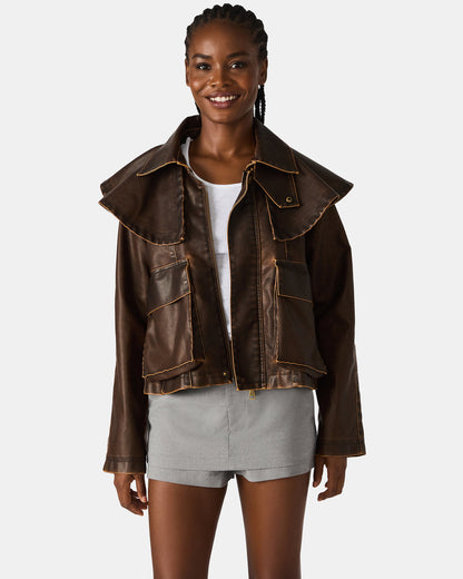 VARVARA Chocolate Long-Sleevd Faux Leather Women's Jacket - Steve Madden