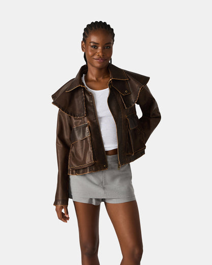 VARVARA Chocolate Long-Sleevd Faux Leather Women's Jacket - Steve Madden