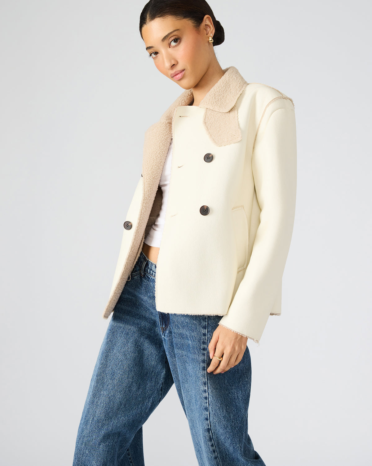 LIV Cream Button-Up Long-Sleeved Collared Women's Coat - Steve Madden