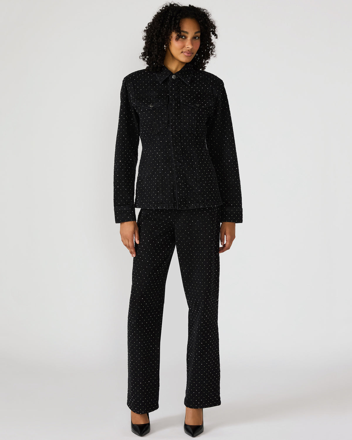 PARC Black Crystal Rhinestone Embellished Long-Sleeved Button-Up Denim Women's Jacket - Steve Madden