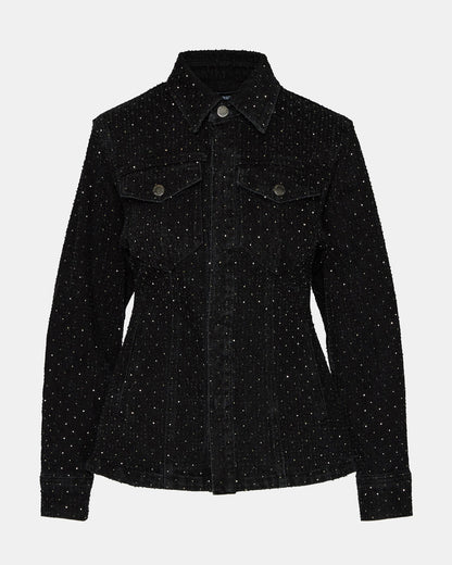 PARC Black Crystal Rhinestone Embellished Long-Sleeved Button-Up Denim Women's Jacket - Steve Madden